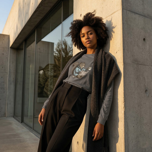 Woman standing against a modern building with concrete walls and glass windows.
