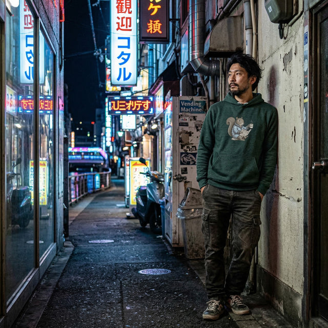 Man standing in a neon-lit alleyway with Japanese signage