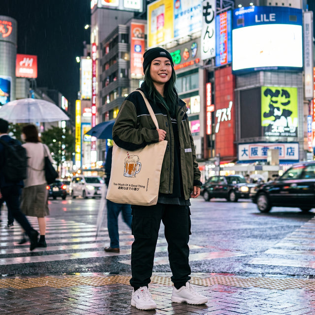 Person holding a tote bag with a beer graphic in a busy city street at night.