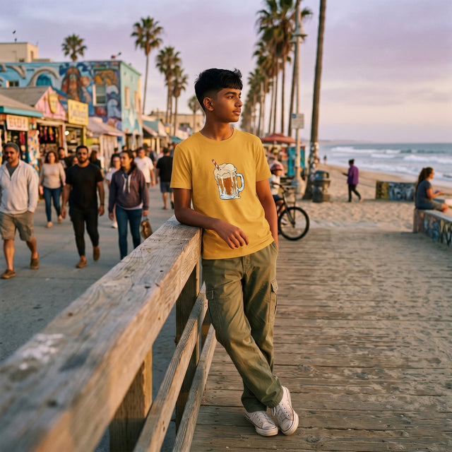 Person wearing a yellow t-shirt with a graphic design on a beach boardwalk.