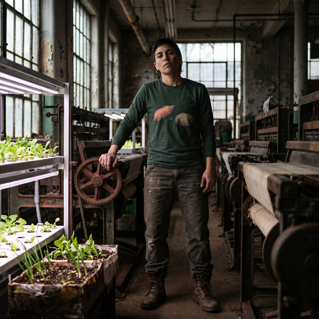 Person standing in an industrial setting with plants and machinery.