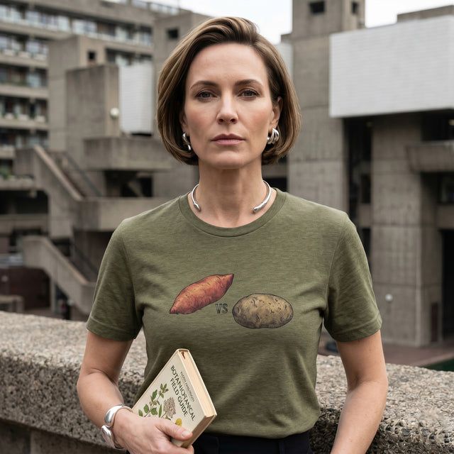 Woman wearing a green t-shirt with potato and carrot design, holding a book, standing in front of a modern architectural building.