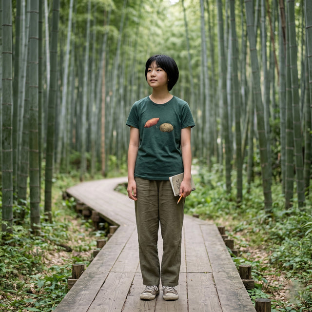Person standing on a wooden path in a bamboo forest