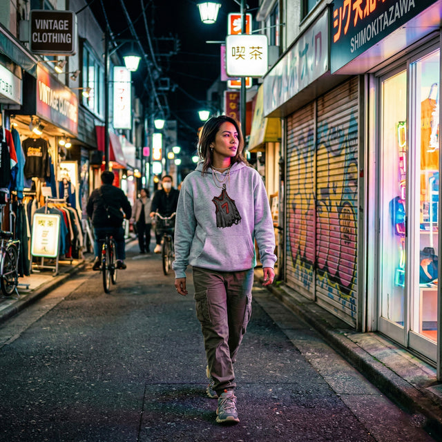 A candid lifestyle photograph of a 30s Filipino woman with cool, layered streetwear, wearing the "ICHINICHI" gray hoodie with the tattered 'Echoes of Effort' number 7 graphic. She is walking through Tokyo's Shimokitazawa district at night, illuminated by the vibrant, colorful glow of neon signs reflecting off her and the surrounding vintage shop fronts.