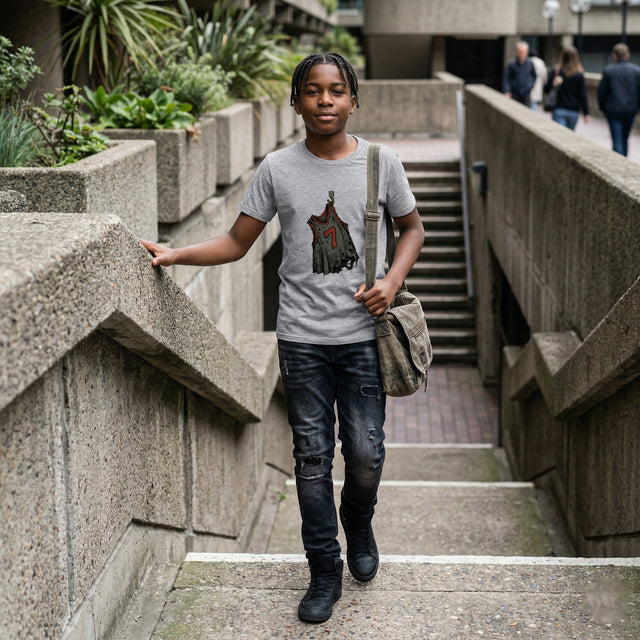 A candid lifestyle photograph of an African American youth (age 13-16) wearing the "ICHINICHI" gray youth t-shirt, featuring the "Echoes Of Effort" tattered basketball jersey number 7 graphic. He is walking up a concrete stairwell at the Barbican Estate in London under soft, diffused daylight, showcasing a modern streetwear look.