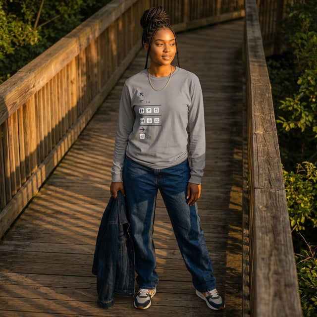 Person wearing a gray long-sleeve shirt and blue jeans standing on a wooden bridge with greenery around.