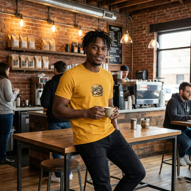 Man in a yellow shirt holding a coffee cup in a coffee shop.