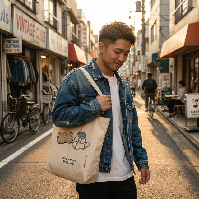 Man holding a tote bag with a design on a city street