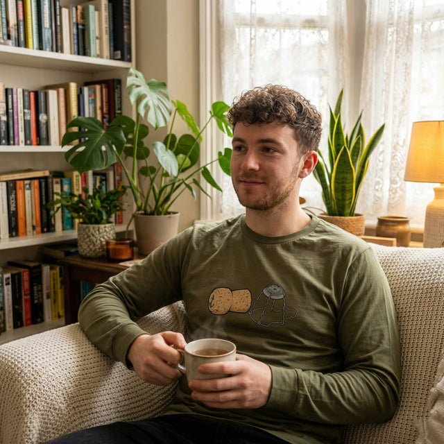 Man sitting on a couch holding a mug in a cozy room with plants and books.