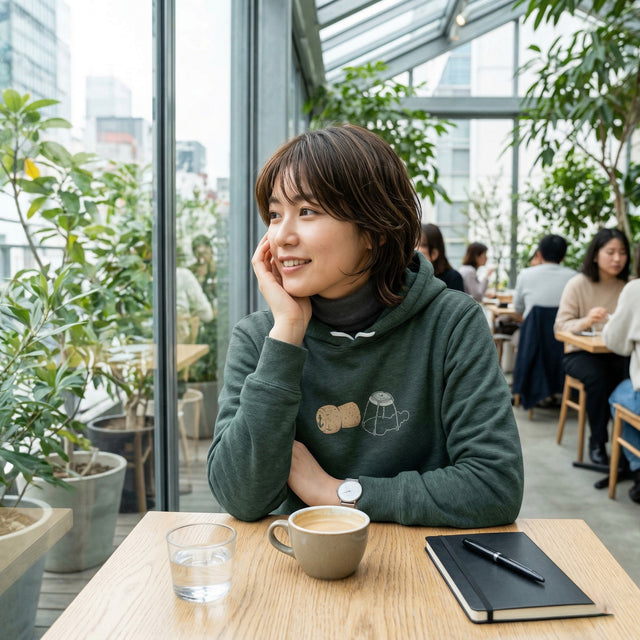 Woman sitting at a table with a cup of coffee and a notebook in a modern indoor setting with plants and cityscape.