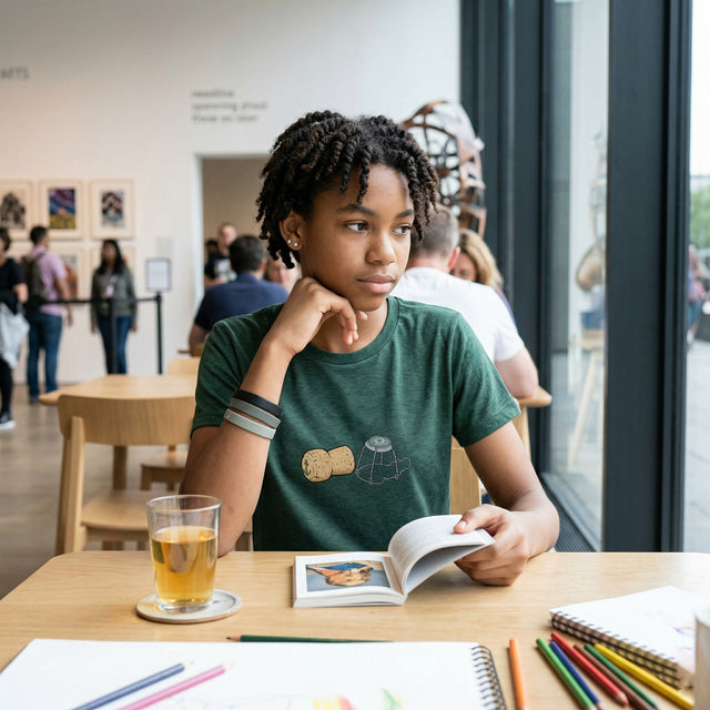 Young person sitting at a table with a book and drink, surrounded by people in a casual setting.