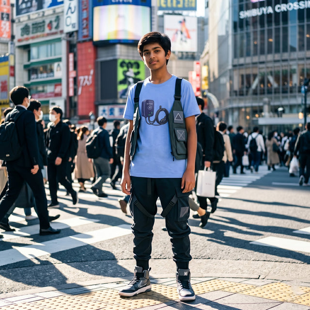 Person standing in a busy urban street with neon signs and pedestrians in the background