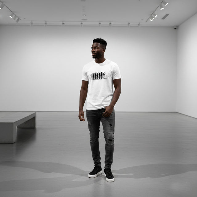 Man wearing a white t-shirt with text in a minimalistic room