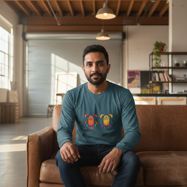 Man sitting on a brown couch wearing a blue long-sleeve shirt with colorful graphics in a modern living room.