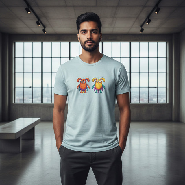 Man wearing a light blue t-shirt with colorful graphic design in a modern indoor setting.