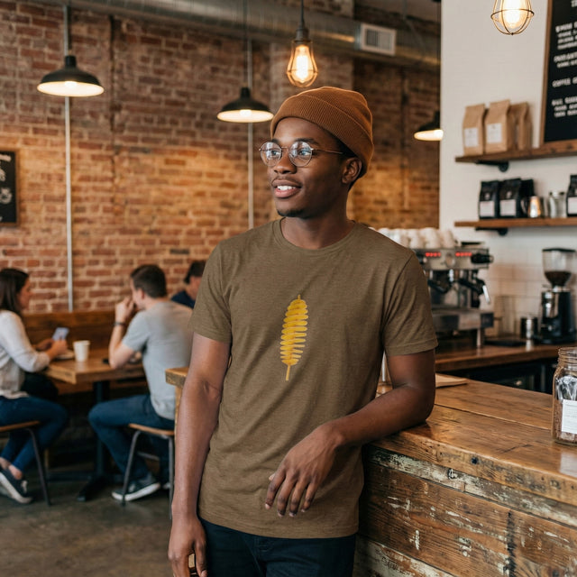 Young man wearing heather brown unisex t-shirt with tornado potato graphic illustration. Casual streetwear tee featuring golden spiral potato snack design, modeled in an industrial coffee shop setting.