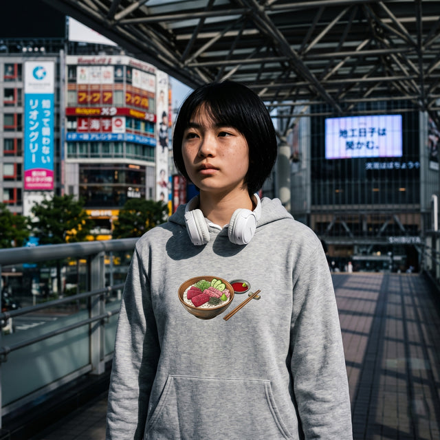 Person wearing a gray hoodie with a food graphic in an urban setting