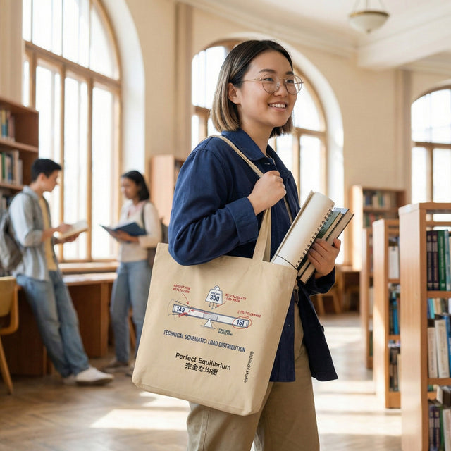 Woman holding books and a tote bag in a library setting