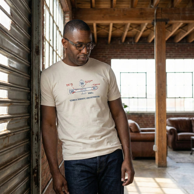 Man in a loft setting wear the Twin Prime Balance t shirt
