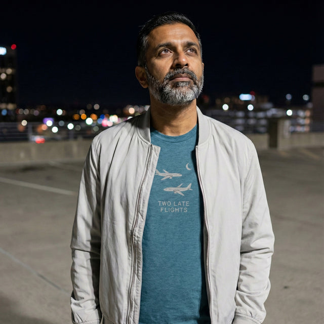 Heather teal t-shirt featuring a minimalist illustration of two airplanes and a moon with "TWO LATE FLIGHTS" text, worn by a middle-aged man on a city rooftop at night.