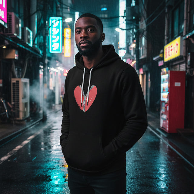 Man wearing a black hoodie with a red heart design on a neon-lit street.