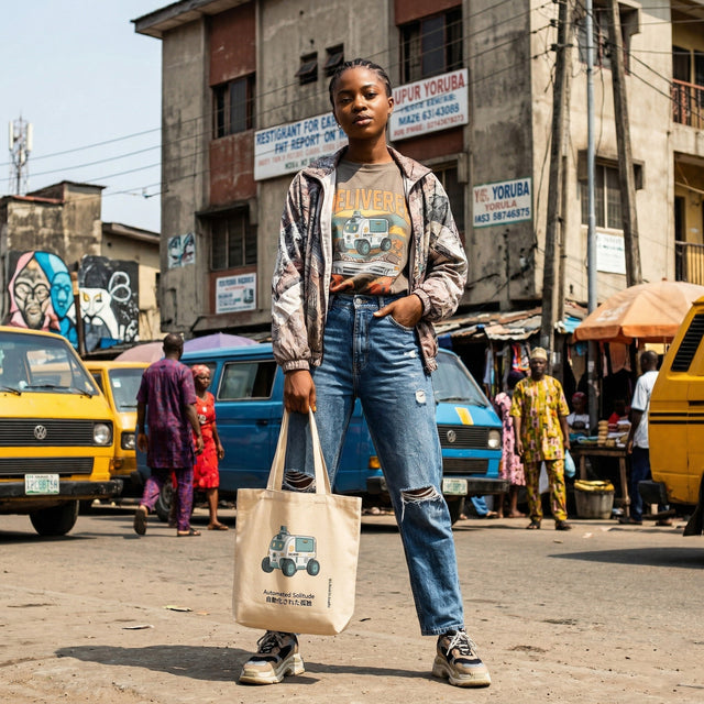 Woman holding a tote bag in an urban street setting with buildings and vehicles in the background.