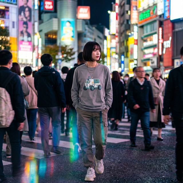 Person walking through a busy city street at night with illuminated signs and people around.