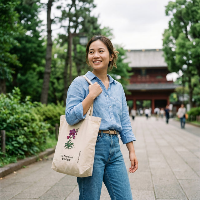 Woman holding a tote bag with a floral design in a park-like setting