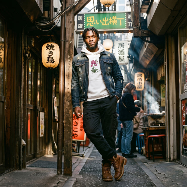Man walking through a narrow alleyway with traditional Japanese signs and street vendors.