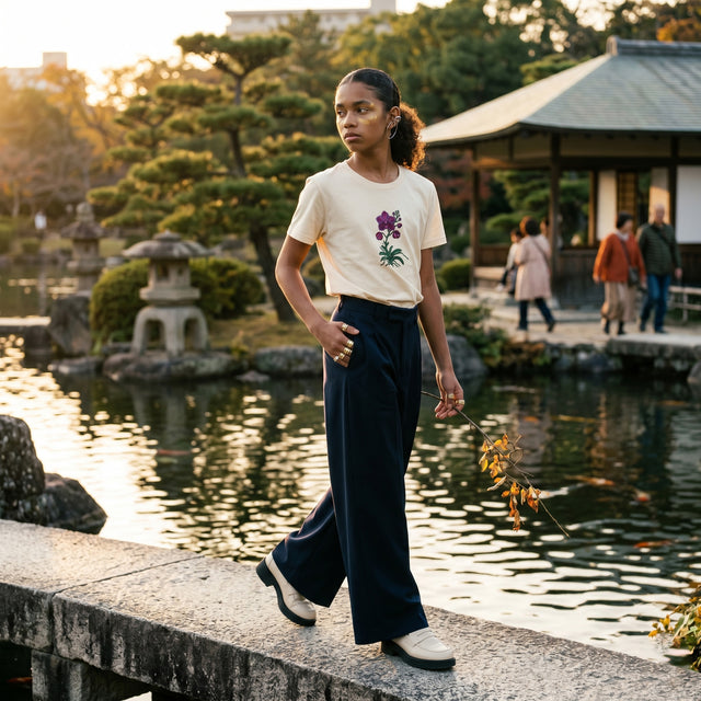 Person standing by a pond with traditional Japanese architecture in the background