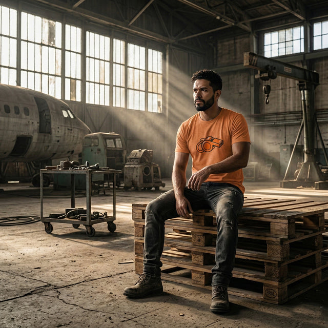A Hispanic man with a beard sits on a pile of wooden pallets inside a dusty hangar, wearing the heather orange whistle t-shirt. Strong, gritty sunbeams create a dramatic contrast.