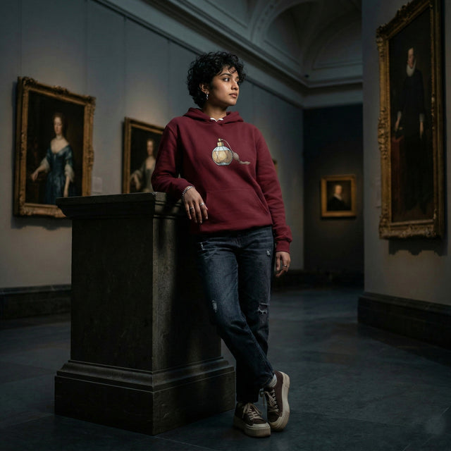 Person wearing a maroon hoodie with a lantern design in an art gallery.