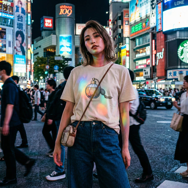 Woman standing in a bustling city street at night with neon signs and pedestrians.