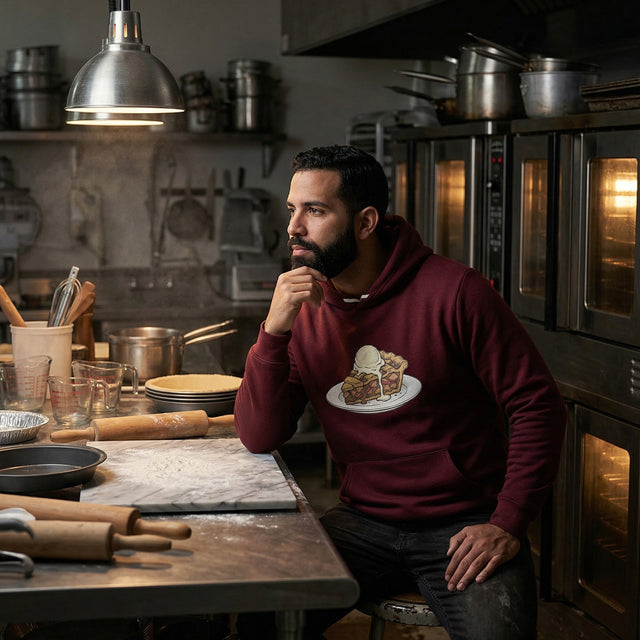 Man in a kitchen wearing a maroon hoodie with a dessert graphic, surrounded by cooking utensils.