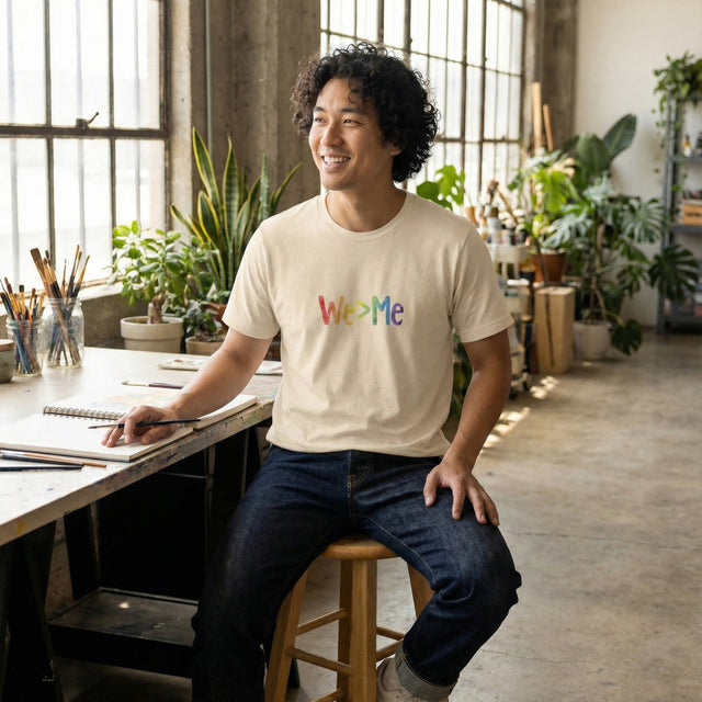 Man sitting at a desk in a creative workspace wearing a 'We Me' t-shirt.