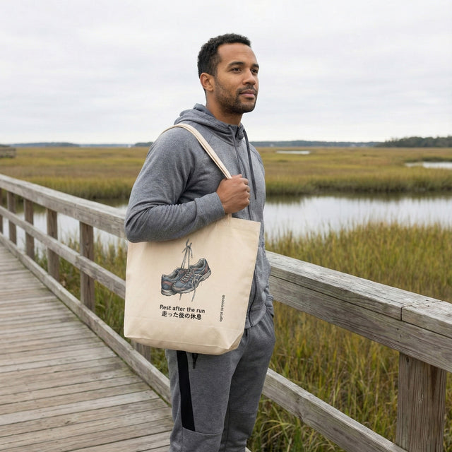 Beige organic cotton tote bag featuring illustrated hanging running shoes and 'Rest after the run' text with Japanese characters, held by a man on a wooden boardwalk in a nature preserve.