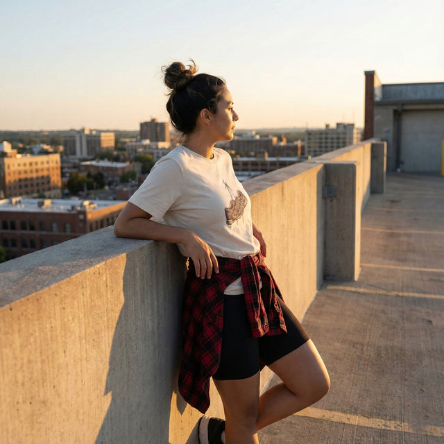 Heather dust t-shirt featuring vintage running shoes illustration and Japanese text, modeled by a woman on an urban rooftop at sunset.
