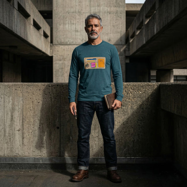 Man wearing a teal long-sleeve shirt with a graphic design, standing in an urban concrete setting.
