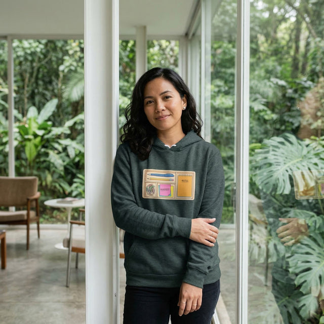 Person wearing a green hoodie with a graphic design, standing in a room with large windows showing greenery outside.