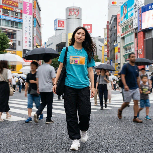 Woman in a blue t-shirt walking through a busy city street with neon signs and pedestrians.