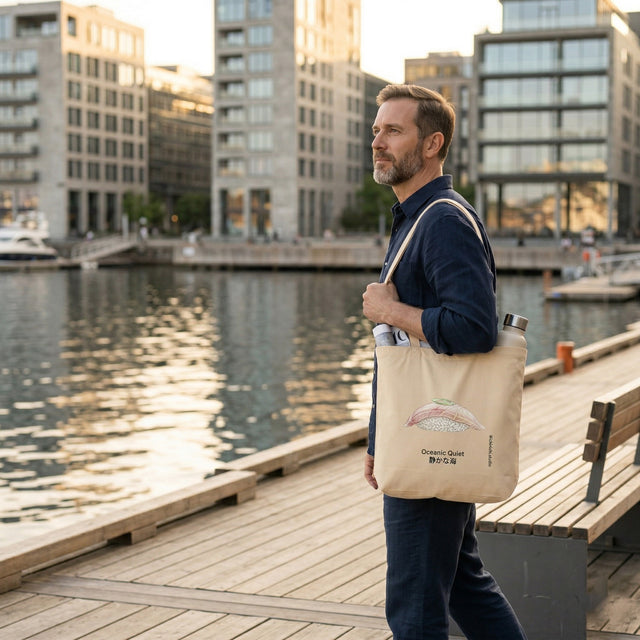 Man holding a tote bag with a logo by a waterfront with buildings in the background