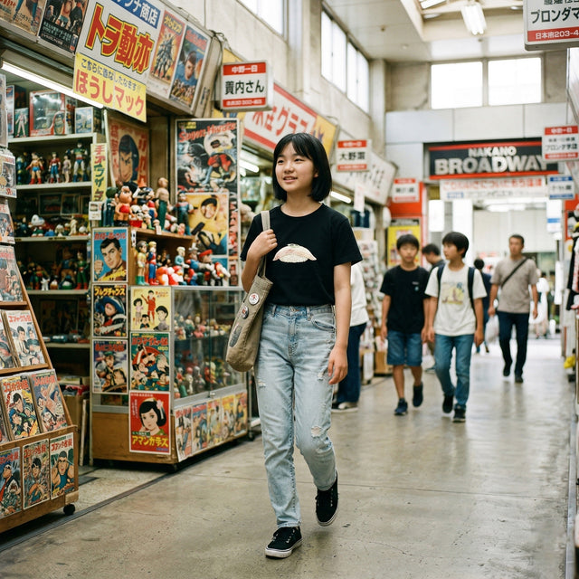 Young girl walking through a shopping arcade with toy displays and people in the background