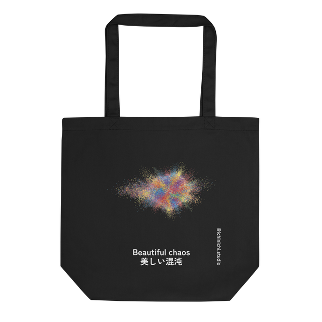 Eco tote bag with a graphic design of a multi-colored pigment and smoke explosion.