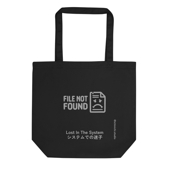 A minimalist light grey line drawing of a frowning computer document and MS-DOS text printed on an Eco Tote Bag.