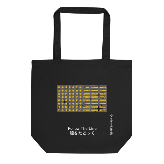 Detailed top-down marker illustration of Tokyo tactile paving on an eco tote bag.