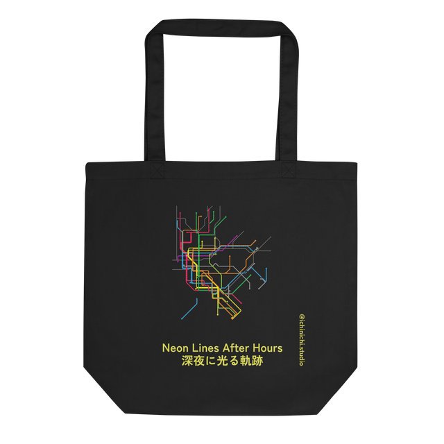 Eco Tote Bag featuring a bold neon marker illustration of the late-night NYC subway map spanning all boroughs with circular stops.