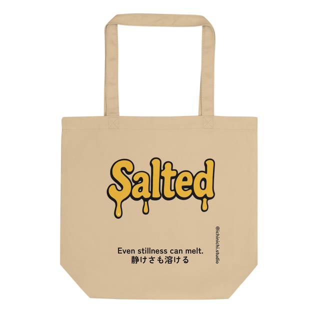 Hand-drawn yellow “Salted” text melting at the bottom in a cartoon butter-inspired style.