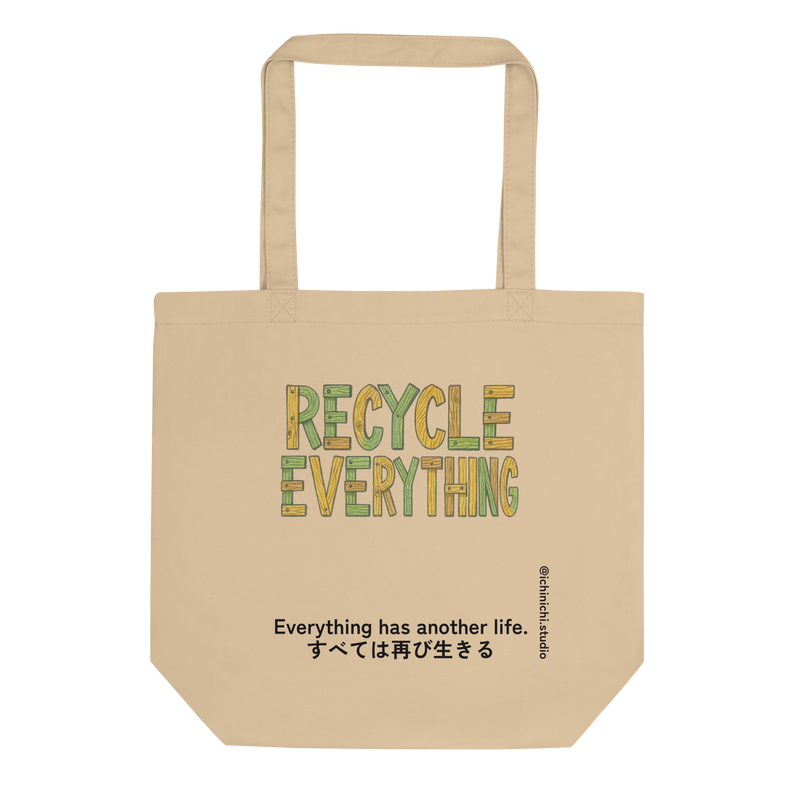 Illustration of “Recycle Everything” where each letter is built from scrap wood planks, minimalist eco Tote Bag design.