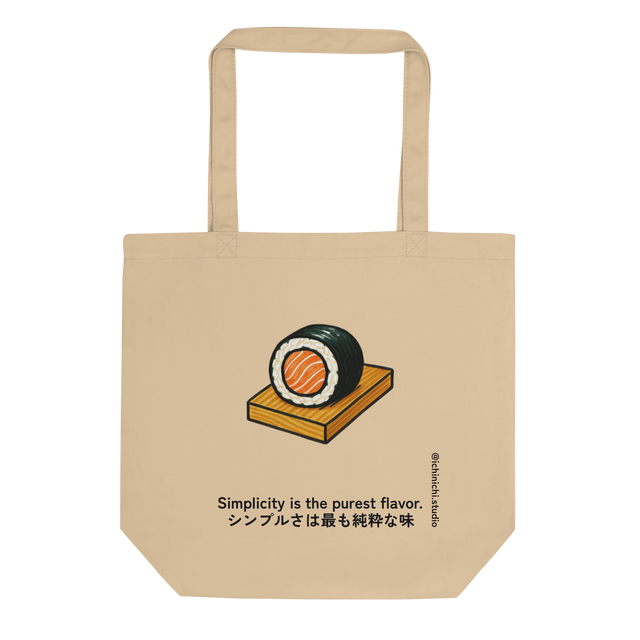 Minimalist Japanese sushi roll illustration with salmon, rice, and seaweed, modern eco Tote Bag design.