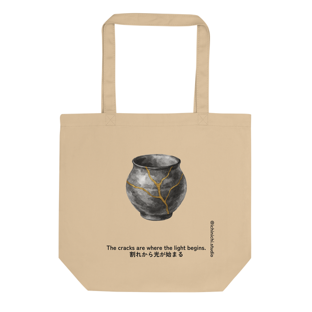 Minimalist drawing of ceramic surface repaired with gold lines in the Kintsugi style, elegant Japanese Tote Bag design.